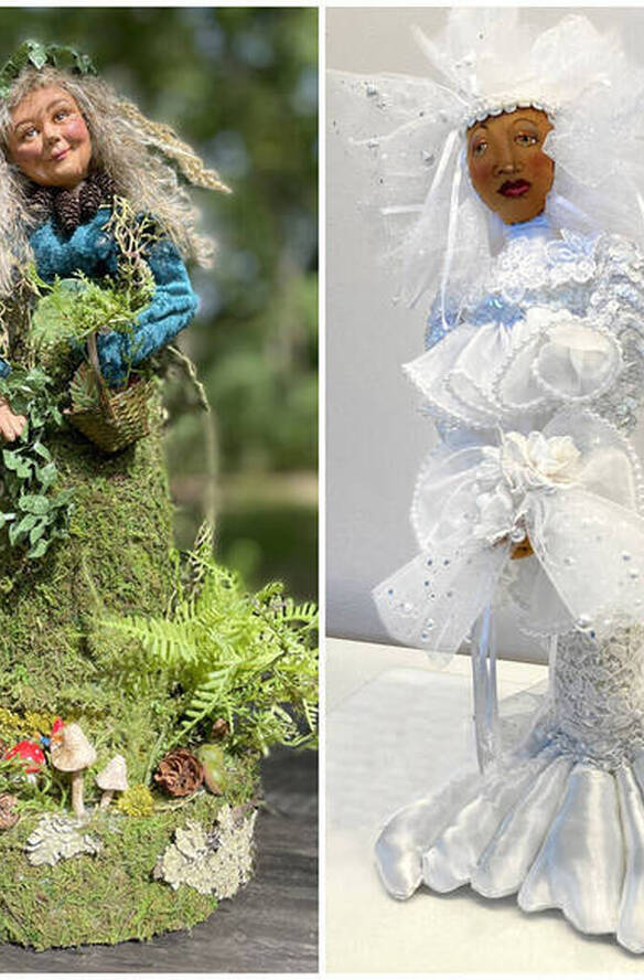 Hand crafted dolls: Grandmother Forest by Juniper Mainelis and Mermaid Bride by Mary D. Pinckney