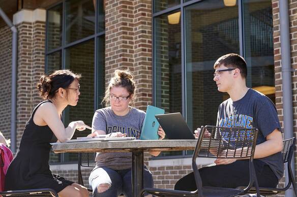 Ursuline College students study at an outdoor table.